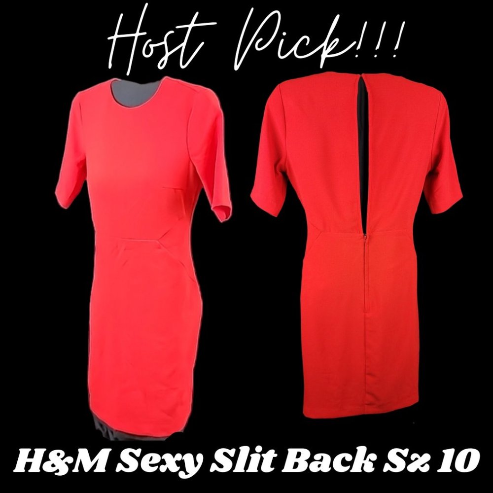 H&M Women's Dress 12 Crew Neck Sheath Dress Open Back Red Half Sleeve Above Knee